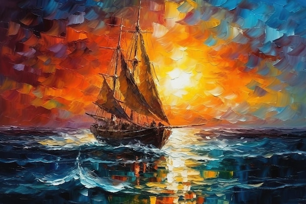 Barcos a vela no mar Pintura a óleo de arte moderna Paisagem marinha no estilo do impressionismo Imagem generativa de IA