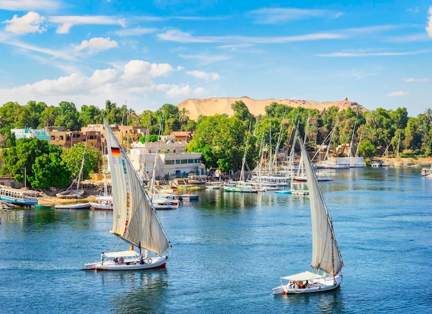 Barcos à vela no Rio Nilo, em Aswan, Egito