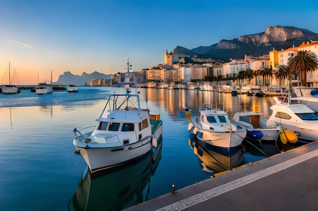 barcos en el agua al atardecer con montañas al fondo.