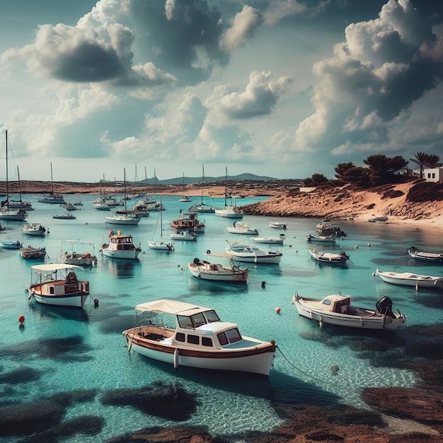 Barcos amarrados en la costa de la playa de Ses Illetes en las Islas Baleares de Formentera en España
