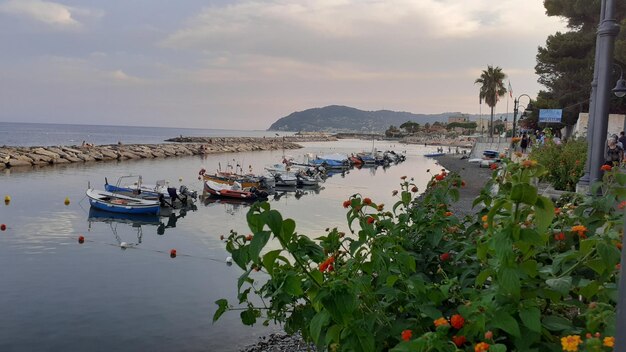 Barcos amarrados en el mar contra el cielo