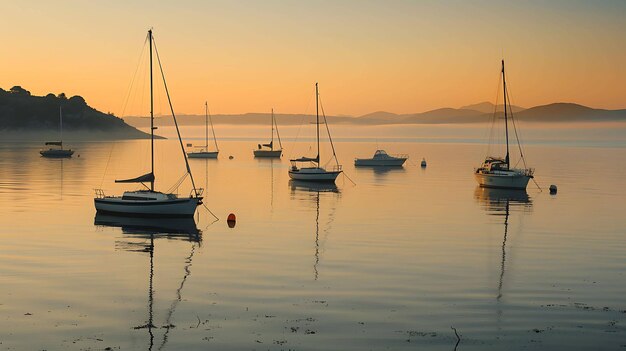 Foto los barcos anclados en una bahía tranquila al amanecer el agua está quieta y el cielo está despejado hay una sensación de paz y tranquilidad