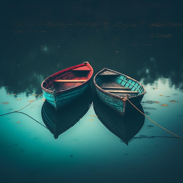 Foto barcos atracados en el agua con reflejo azul