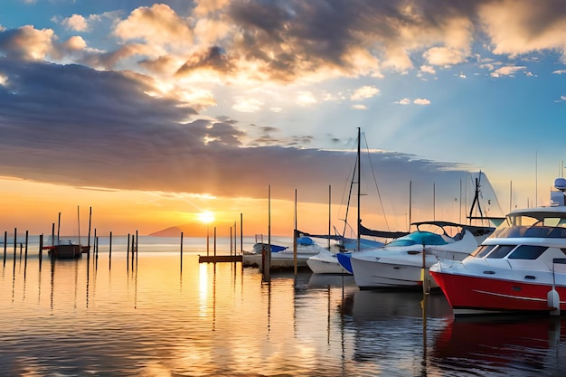 Barcos atracados em uma marina com o pôr do sol atrás deles