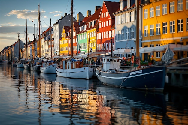 Barcos atracados no canal perto de edifícios coloridos