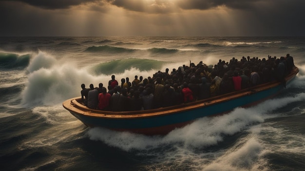 barcos cheios de migrantes ilegais atravessando tempestades cheias de esperança de um futuro melhor