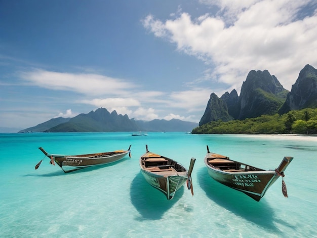 Barcos de cauda longa em águas de cristal turquesa com fundo de montanha