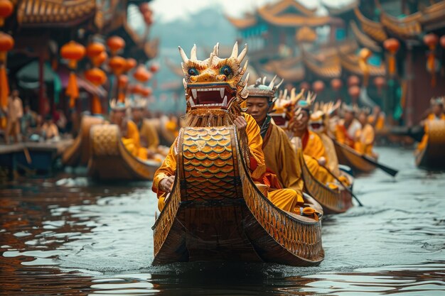 Barcos de dragão a remar durante Duanwu