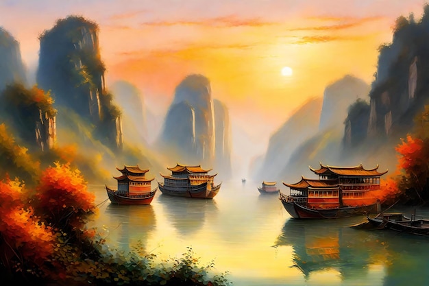 Barcos de madeira tradicionais chineses no rio ao nascer do sol efeito de pintura digital