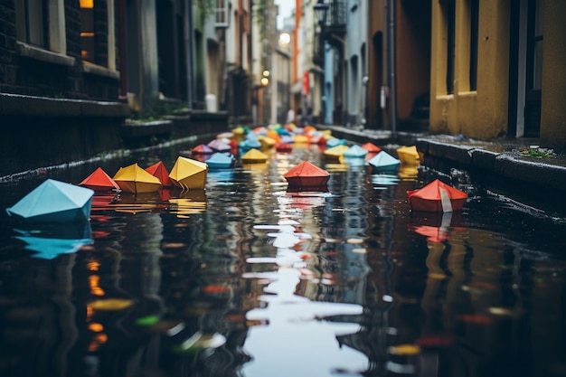 Barcos de papel em poças ao ar livre em tempo de chuva