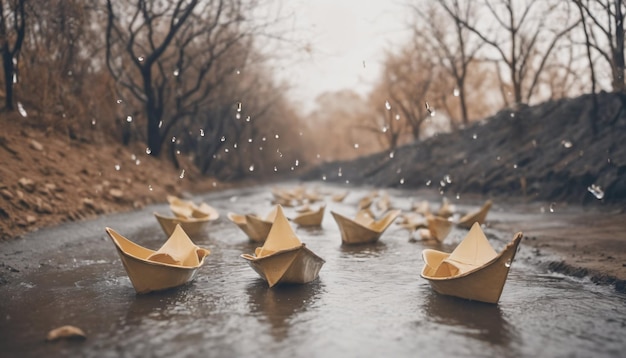 Foto barcos de papel em um rio em um dia chuvoso de outono