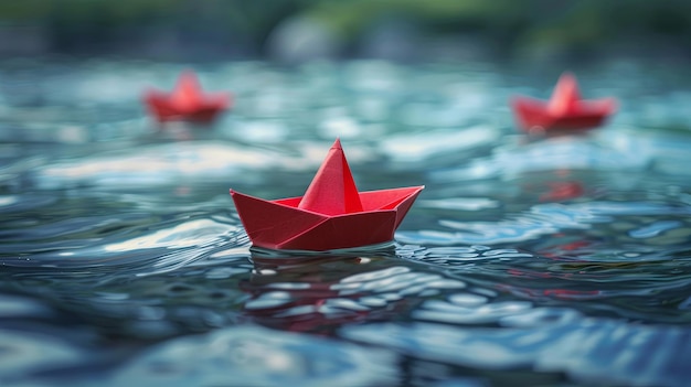 Foto barcos de papel vermelho sereno flutuando em águas tranquilas