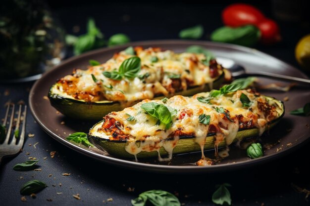 Barcos de zucchini recheados de frutos do mar