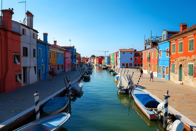 Barcos e casas coloridas no verão Burano, Itália