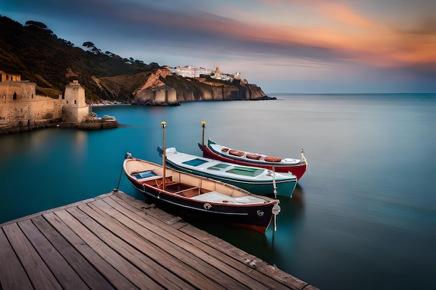 barcos em um cais com o pôr do sol ao fundo