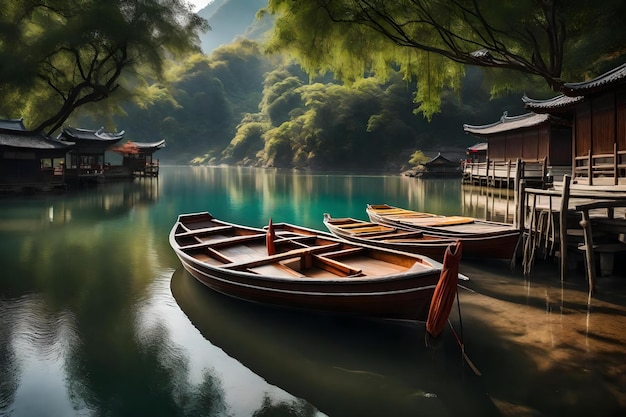 Barcos em um lago com montanhas ao fundo