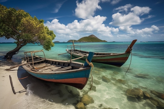 Barcos em uma praia com uma ilha verde ao fundo