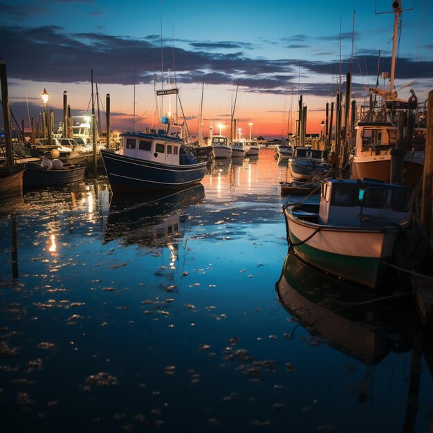 barcos estão atracados em uma marina ao entardecer com um fundo de céu generativo ai