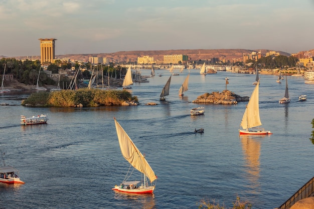 Barcos de faluca en el río Nilo en Asuán