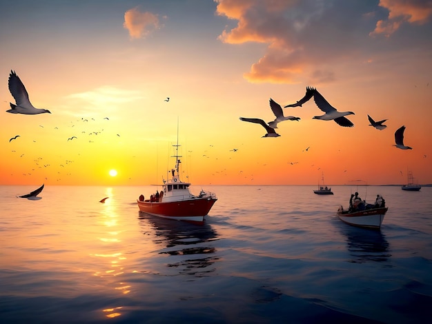 Barcos flotando en el mar amanecer y pájaros volando