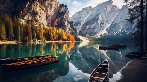 Los barcos en el lago Braies Pragser Wildsee