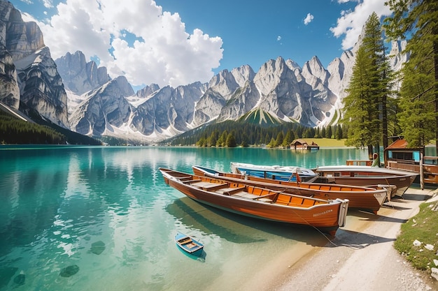 Barcos en el lago Braise en las montañas Dolomitas Satiro