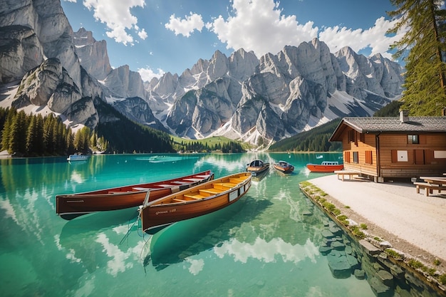 Barcos en el lago Braise en las montañas Dolomitas Satiro