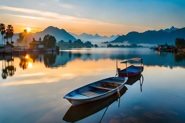 Barcos en un lago con montañas al fondo