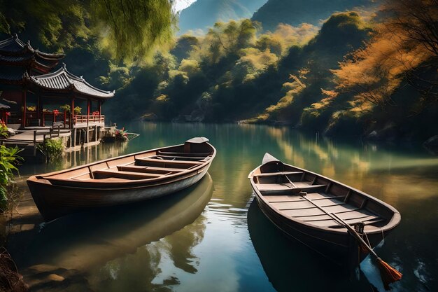 Barcos en un lago con un puente en el fondo