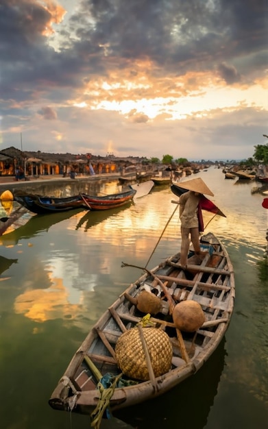 Barcos de madera en el río Thu Bon Hoi An Hoian Vietnam