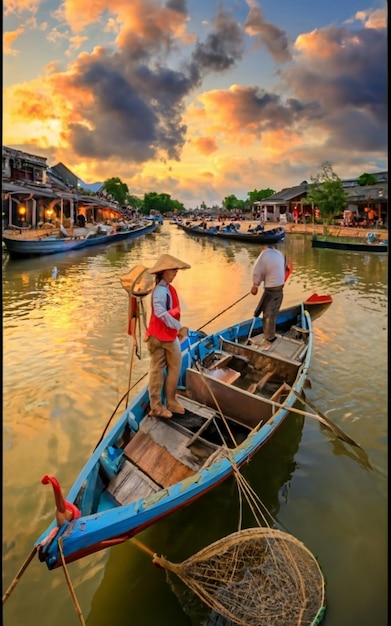 Barcos de madera en el río Thu Bon Hoi An Hoian Vietnam