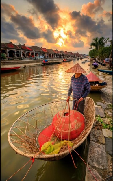 Barcos de madera en el río Thu Bon Hoi An Hoian Vietnam