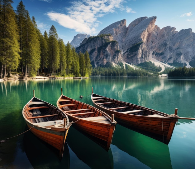 Barcos de madera sentados en un lago con árboles detrás de ellos vistas montañosas