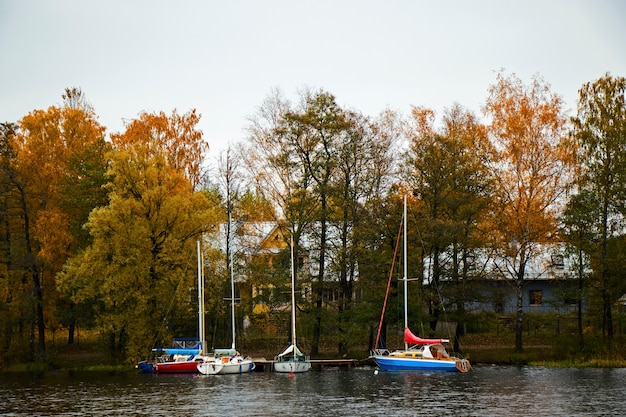 Barcos de madera viejos cerca de la playa del lago Trakai Gavle, Lituania. Otoño y tiempo de otoño.