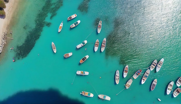 Barcos en un mar turquesa, uno de los muchos barcos que están atracados.