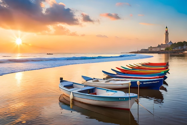 Barcos na praia ao pôr do sol