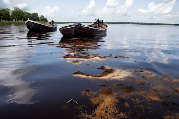 Barcos navegando por aguas tóxicas dejadas por derrames de petróleo creados con IA generativa