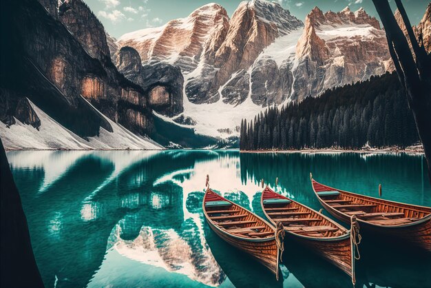 Barcos no Lago Braies (Pragser Wildsee) nas montanhas Dolomitas