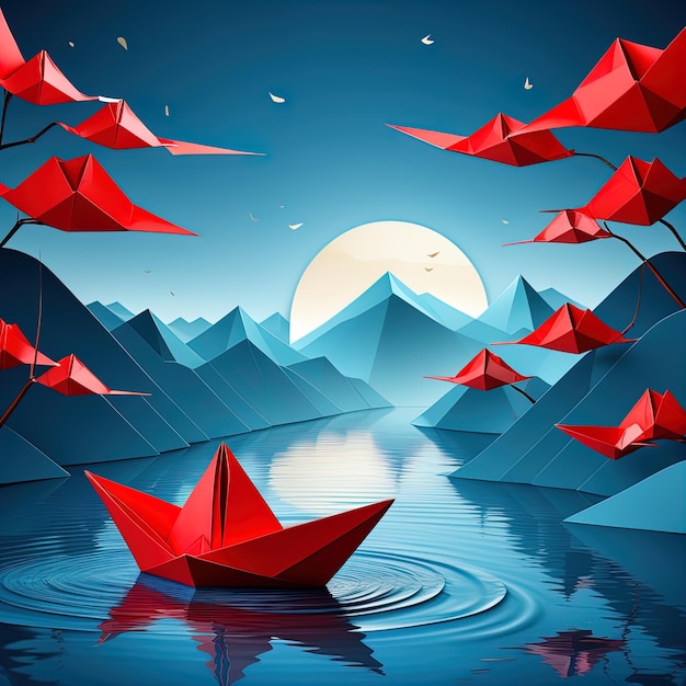 barcos de papel volando en el lago con montañas rojas papel origami barco en la montaña