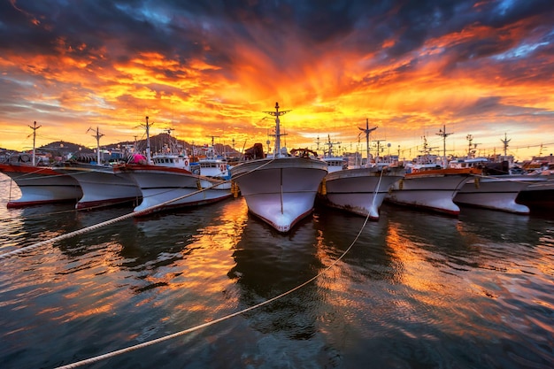 Barcos de pesca alineados al atardecer