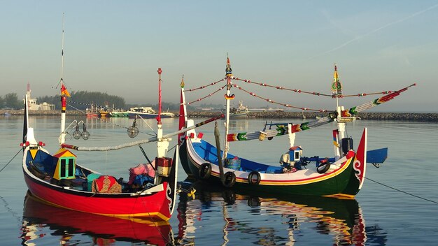 barcos de pesca coloridos anclados en el puerto de la playa de Paiton Indonesia