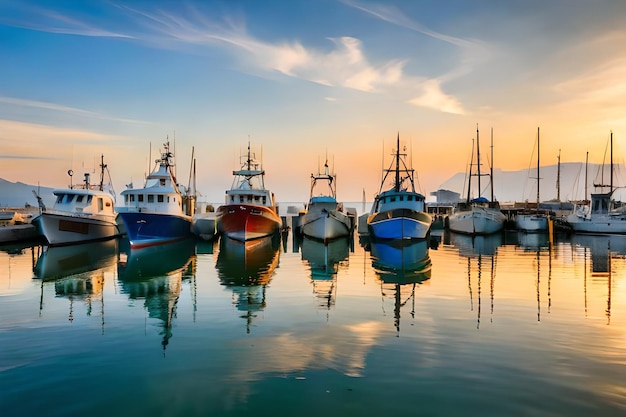 barcos de pesca en el puerto al atardecer