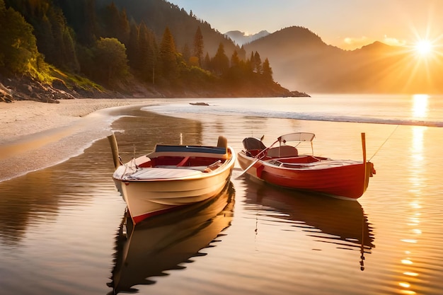 Barcos en una playa con montañas al fondo