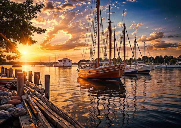 Barcos en el puerto al atardecer Mar Báltico Polonia veleros atracados al atardeecer