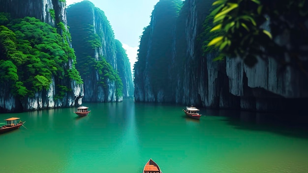 Barcos en el río en la bahía de halong