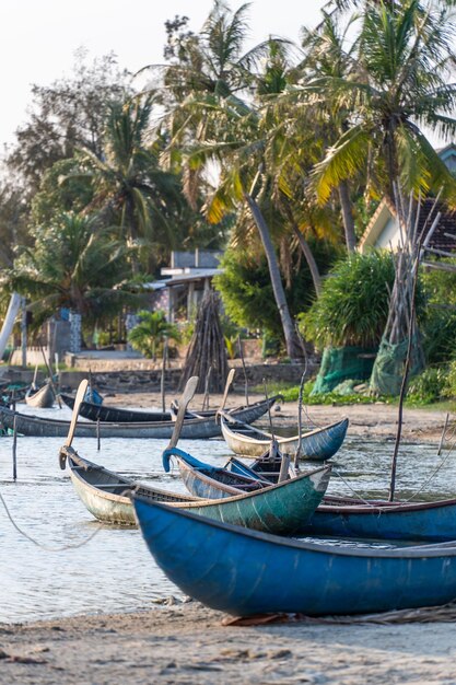 Barcos tradicionales en la laguna de O Loan al atardecer en la provincia de Phu Yen, Vietnam