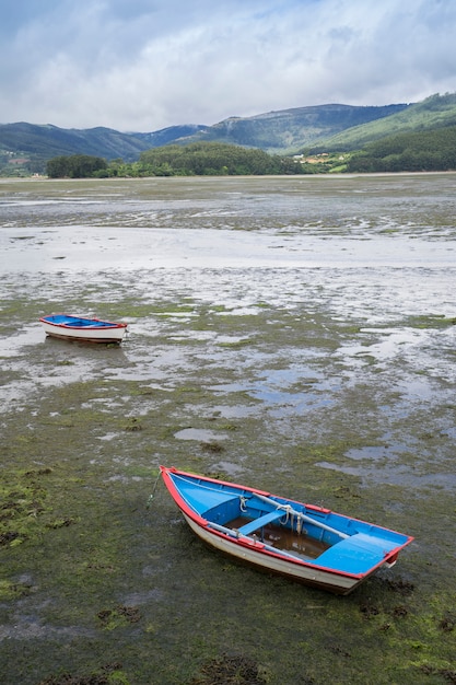 Barcos varados en la desembocadura de un río durante la marea baja