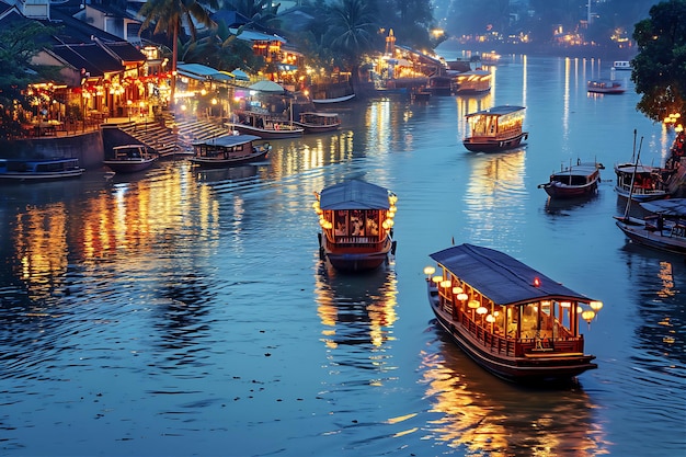 Foto barcos vietnamitas iluminados en un río en vietnam