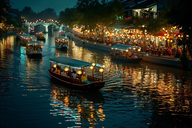 Foto barcos vietnamitas iluminados en un río en vietnam