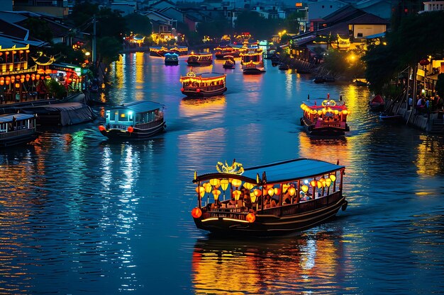 Barcos vietnamitas iluminados en un río en Vietnam